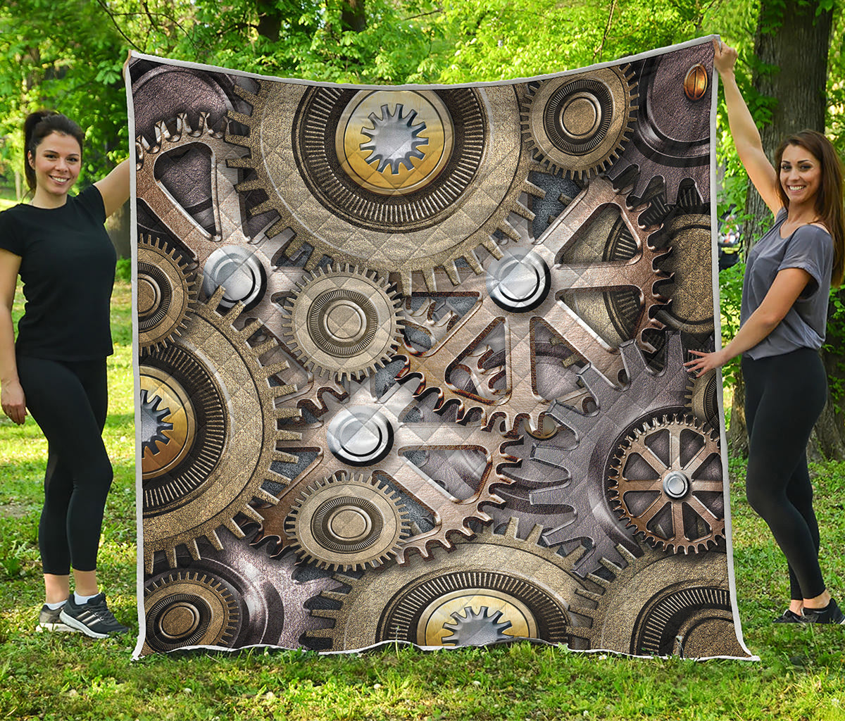 Steampunk Metallic Gears Print Quilt