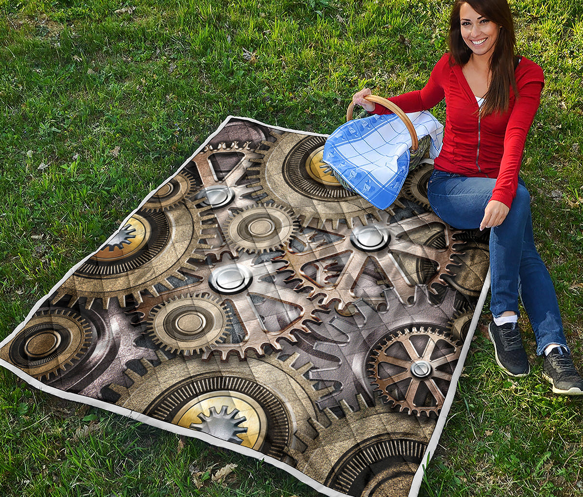 Steampunk Metallic Gears Print Quilt