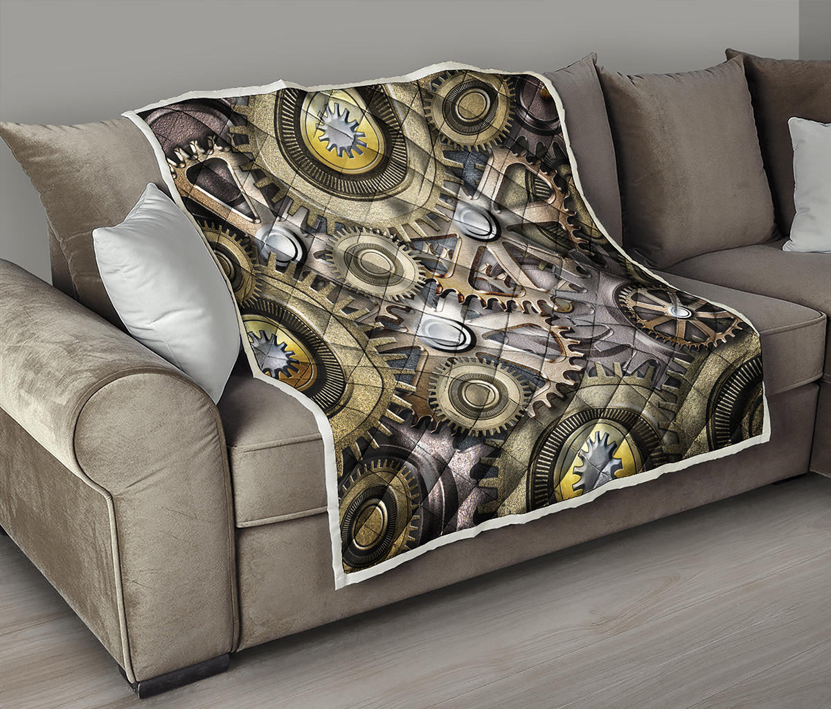 Steampunk Metallic Gears Print Quilt
