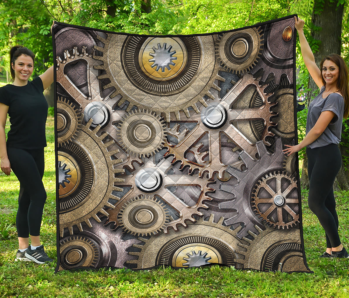 Steampunk Metallic Gears Print Quilt