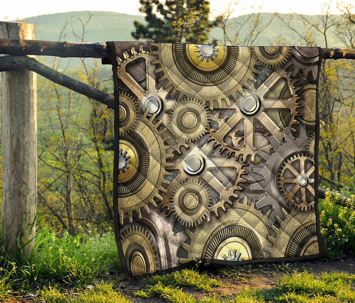 Steampunk Metallic Gears Print Quilt