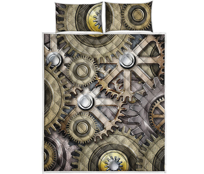 Steampunk Metallic Gears Print Quilt Bed Set