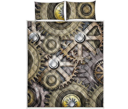 Steampunk Metallic Gears Print Quilt Bed Set