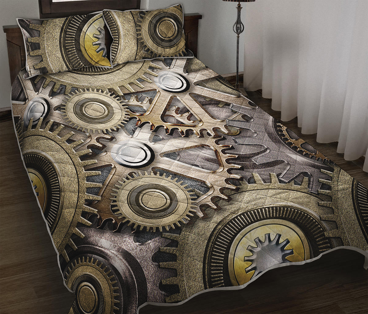 Steampunk Metallic Gears Print Quilt Bed Set