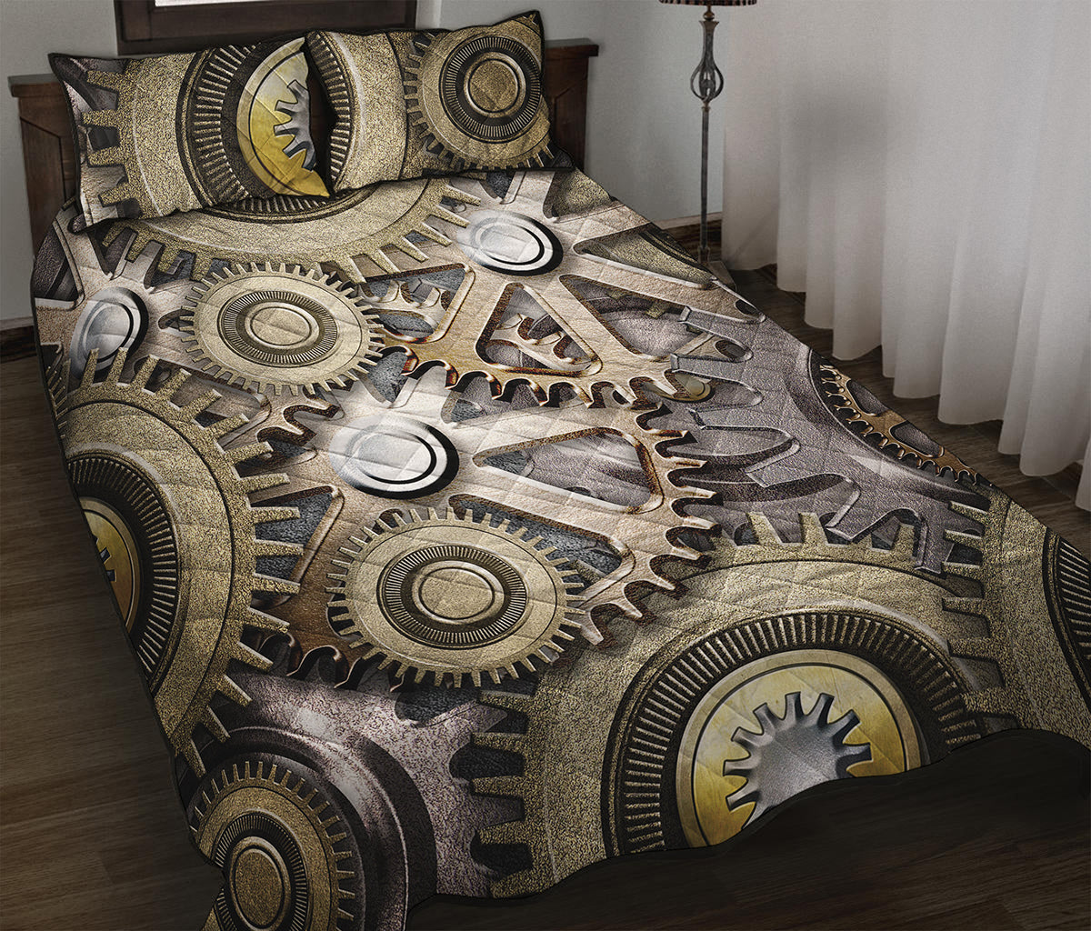 Steampunk Metallic Gears Print Quilt Bed Set