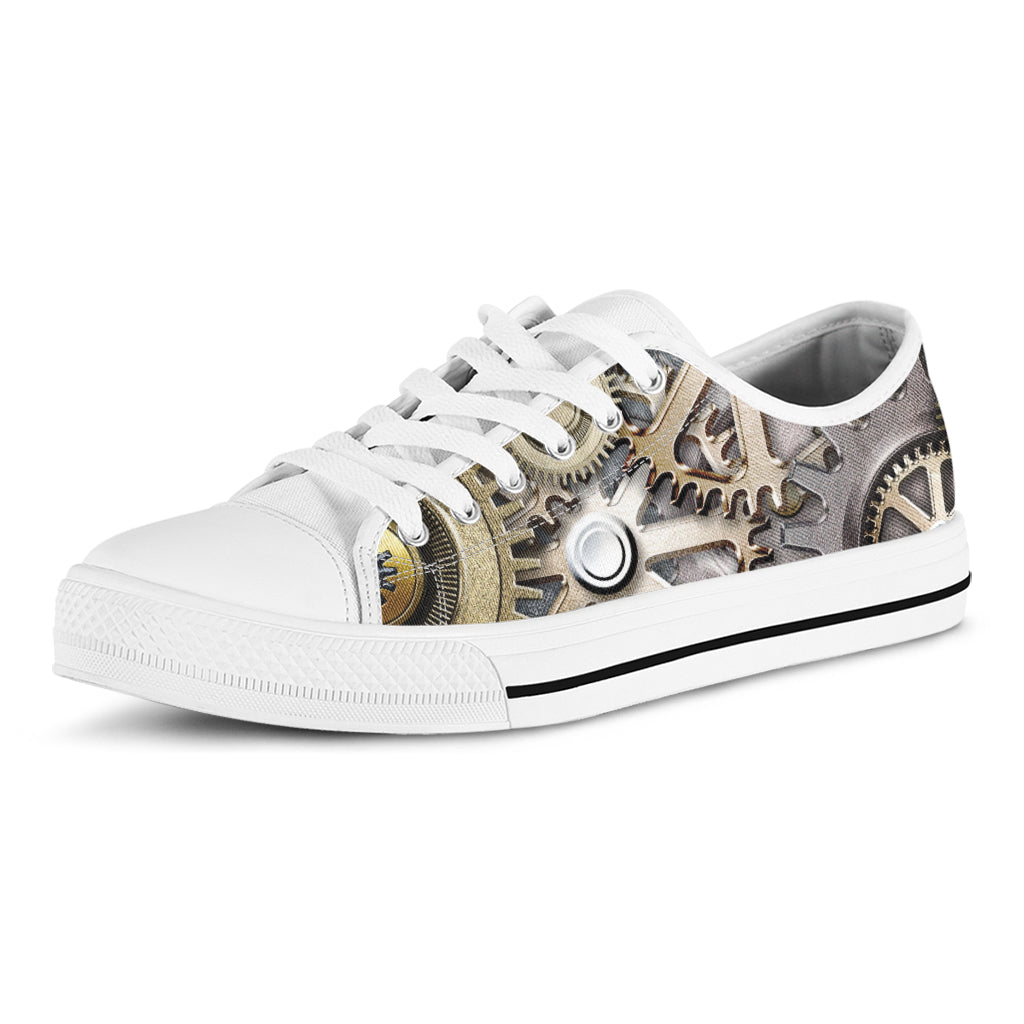 Steampunk Metallic Gears Print White Low Top Shoes
