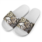 Steampunk Metallic Gears Print White Slide Sandals