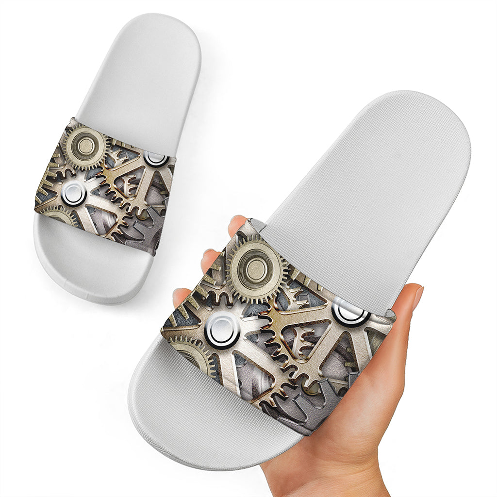 Steampunk Metallic Gears Print White Slide Sandals