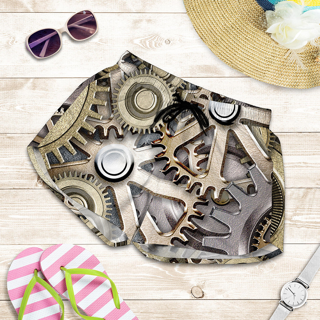 Steampunk Metallic Gears Print Women's Shorts