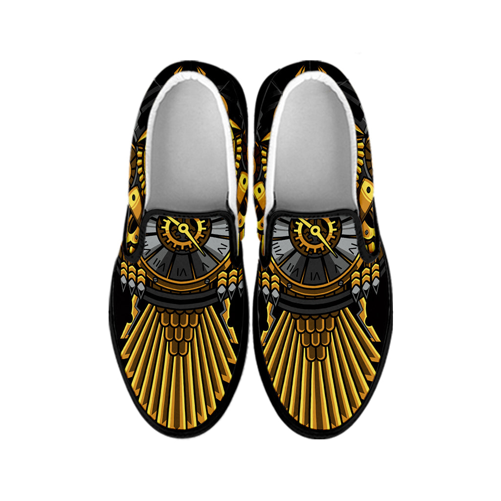 Steampunk Owl Print Black Slip On Shoes