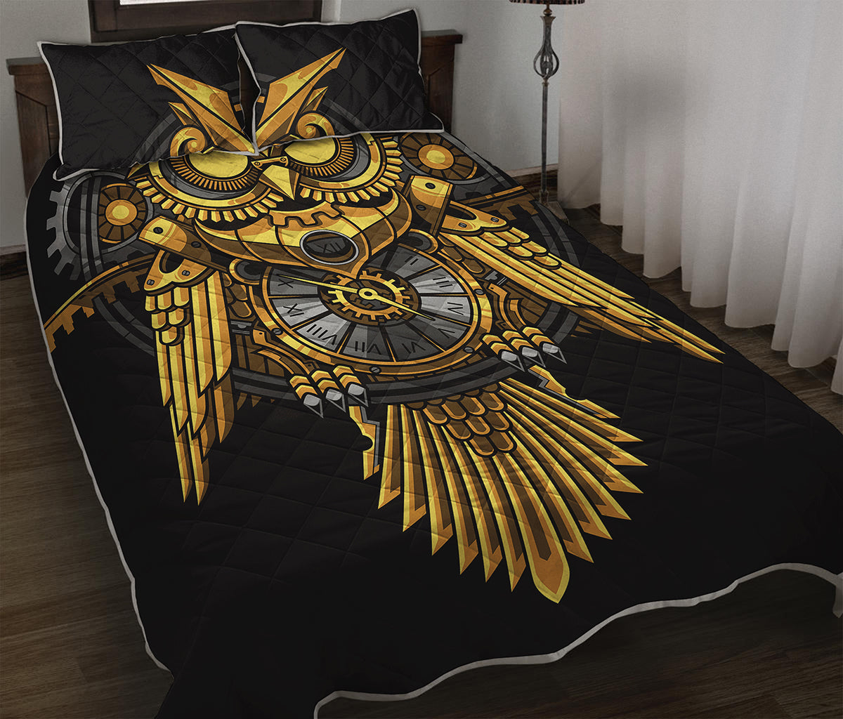 Steampunk Owl Print Quilt Bed Set