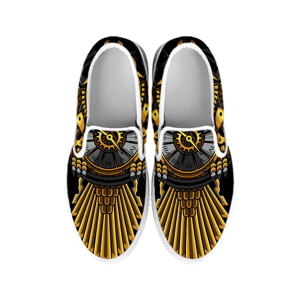 Steampunk Owl Print White Slip On Shoes