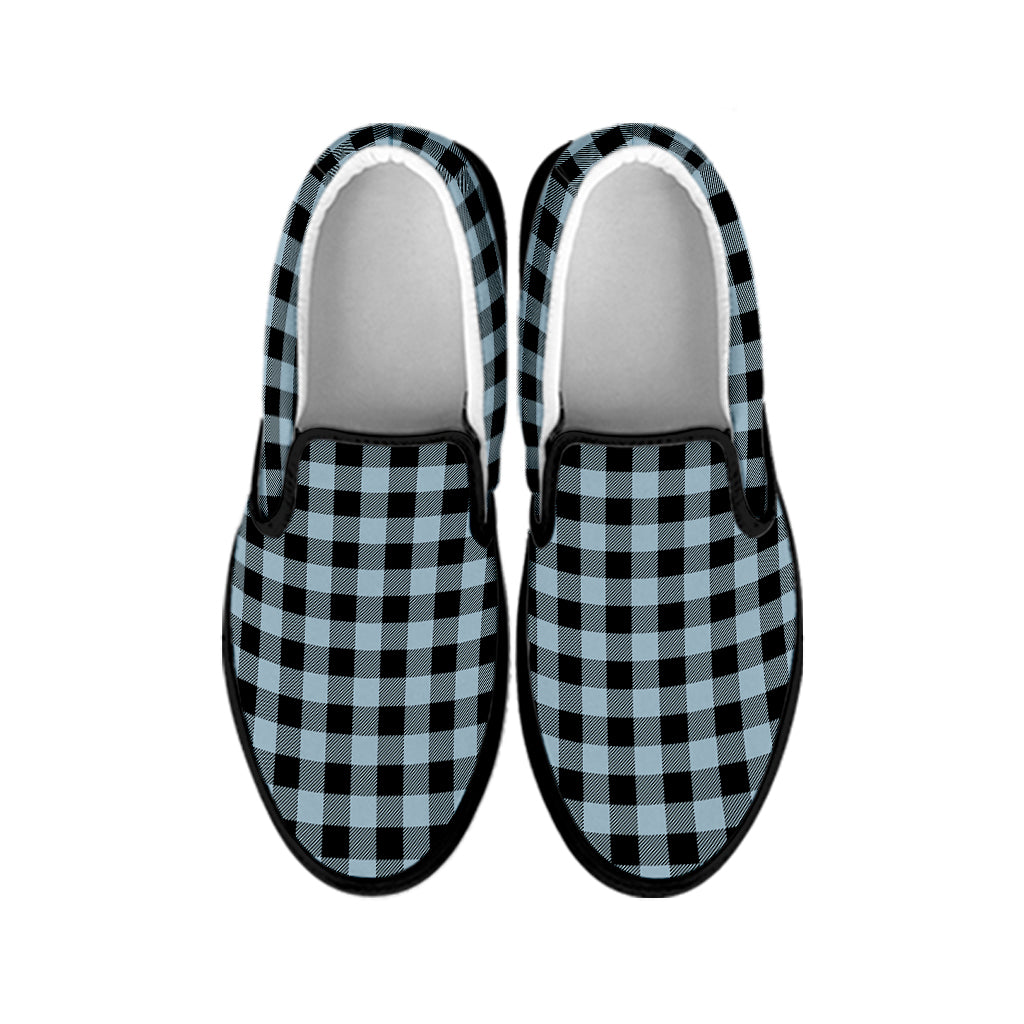 Steel Blue And Black Buffalo Check Print Black Slip On Shoes