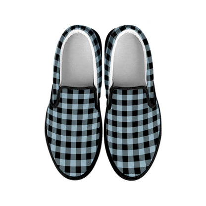 Steel Blue And Black Buffalo Check Print Black Slip On Shoes