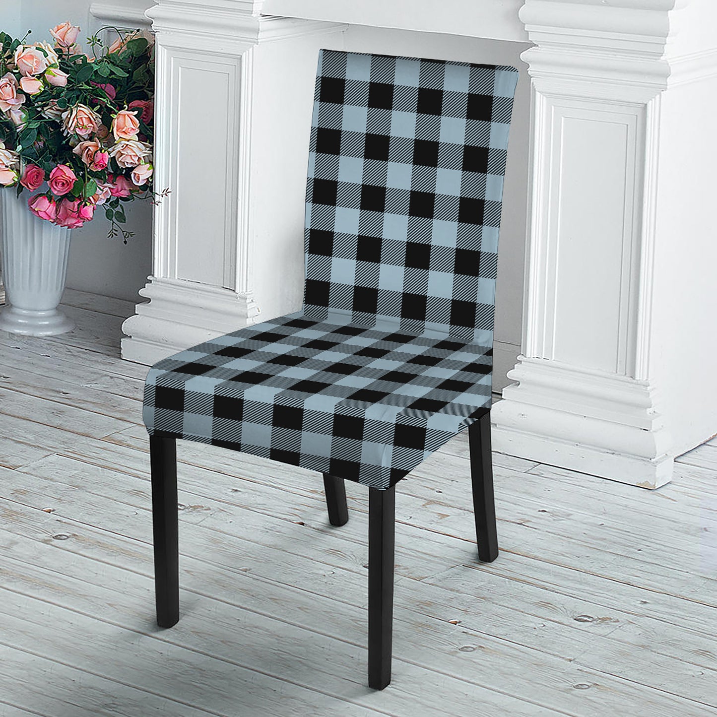 Steel Blue And Black Buffalo Check Print Dining Chair Slipcover
