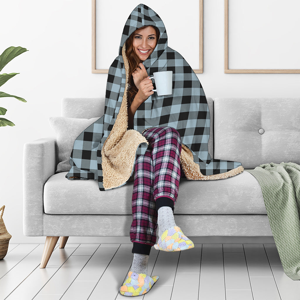 Steel Blue And Black Buffalo Check Print Hooded Blanket
