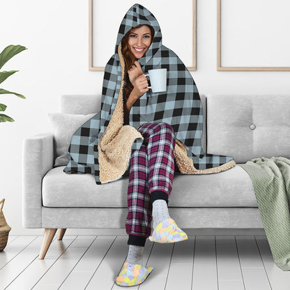 Steel Blue And Black Buffalo Check Print Hooded Blanket