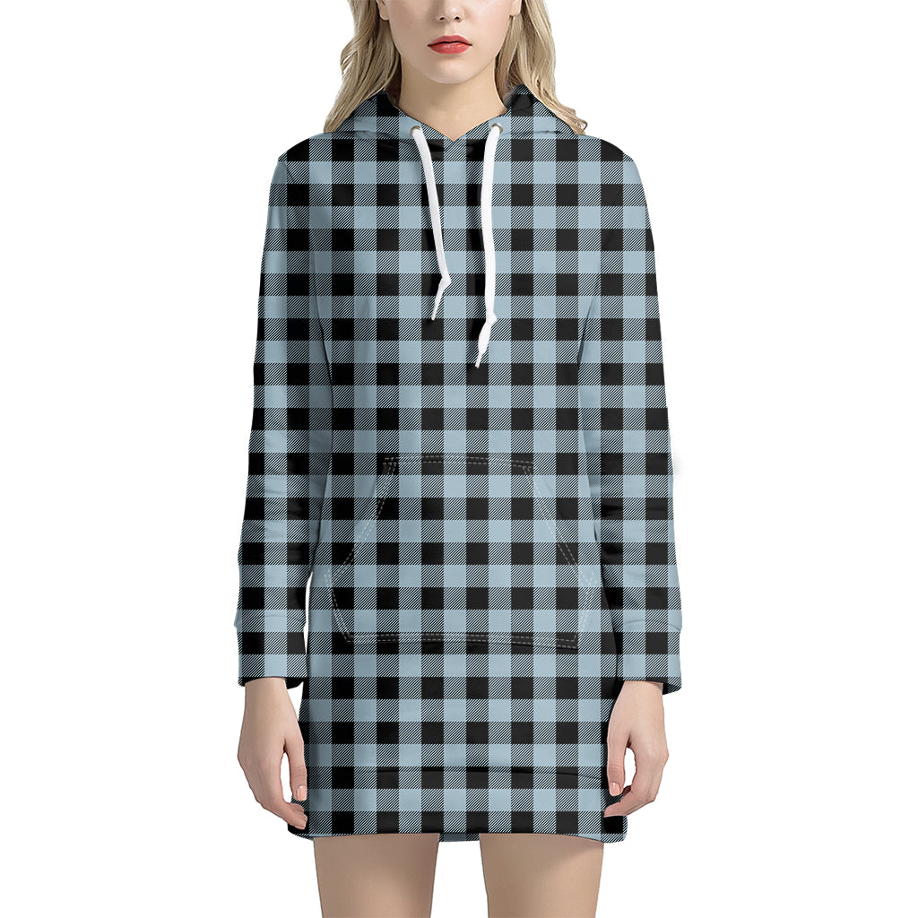 Steel Blue And Black Buffalo Check Print Hoodie Dress