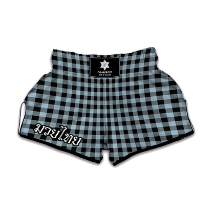 Steel Blue And Black Buffalo Check Print Muay Thai Boxing Shorts