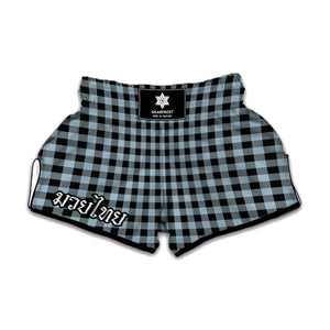 Steel Blue And Black Buffalo Check Print Muay Thai Boxing Shorts