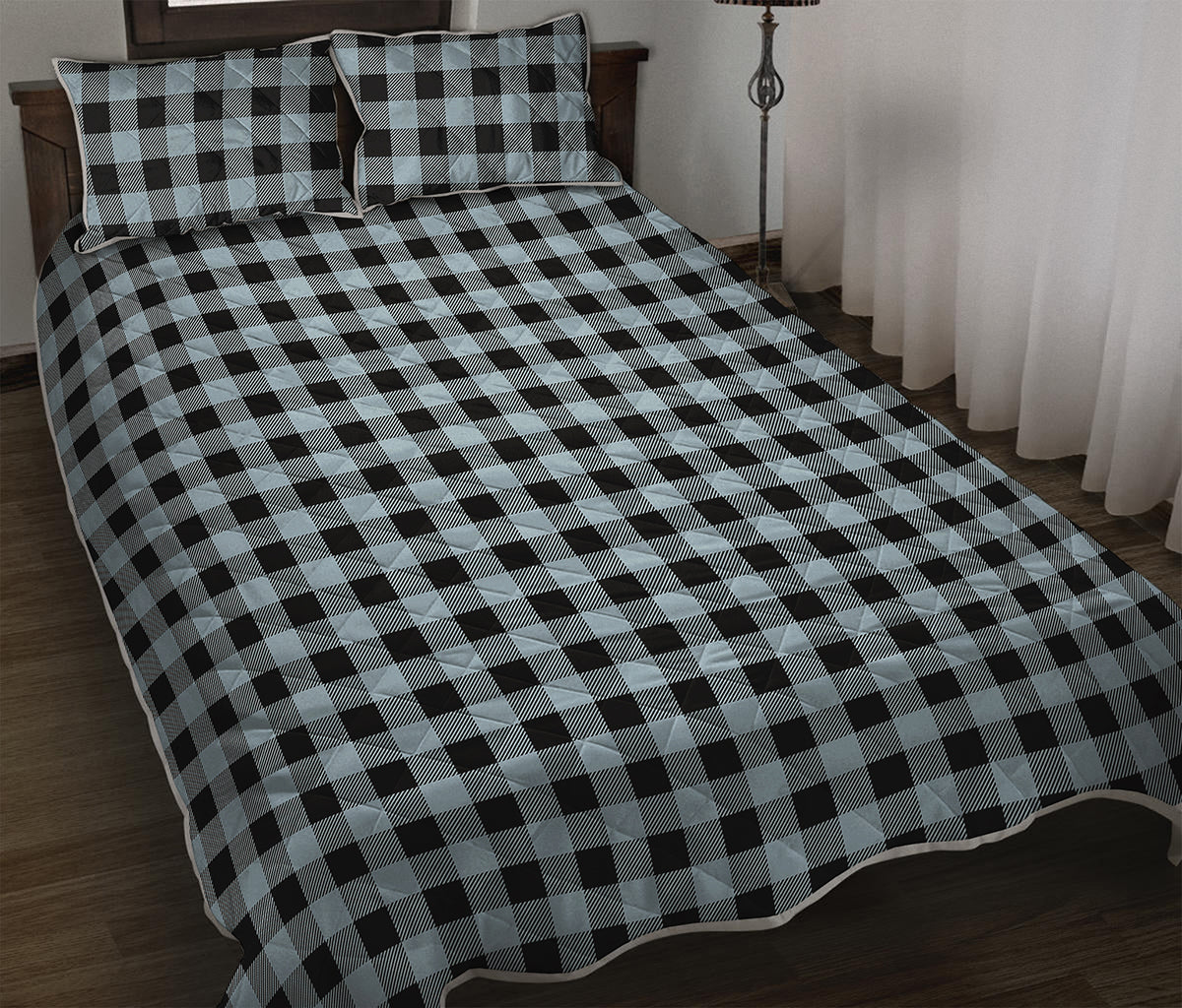 Steel Blue And Black Buffalo Check Print Quilt Bed Set