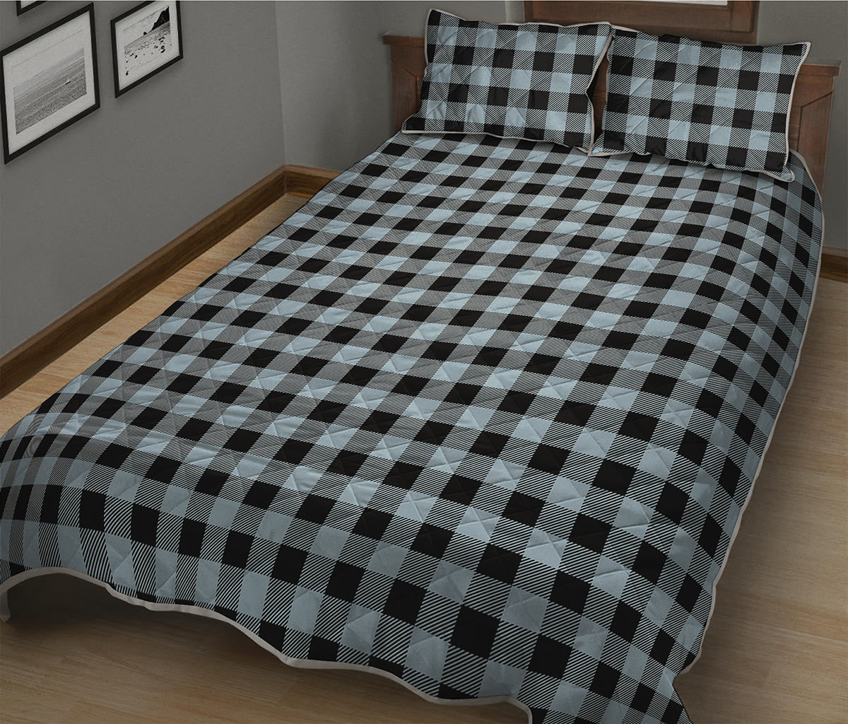 Steel Blue And Black Buffalo Check Print Quilt Bed Set