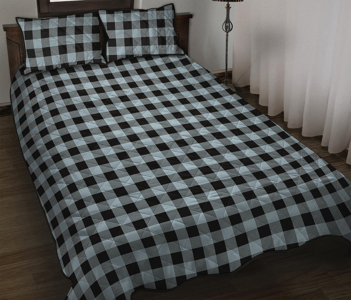 Steel Blue And Black Buffalo Check Print Quilt Bed Set