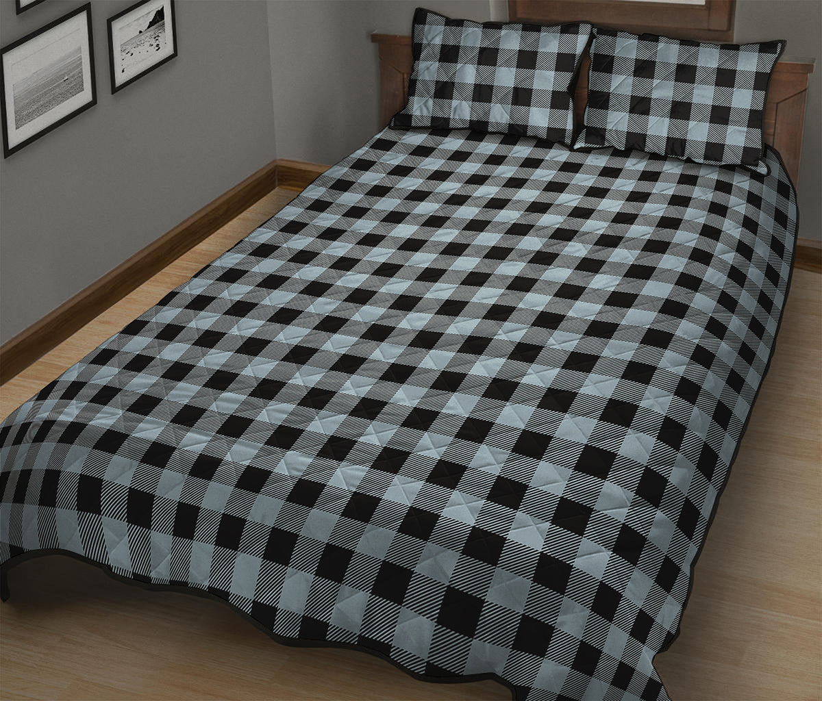 Steel Blue And Black Buffalo Check Print Quilt Bed Set