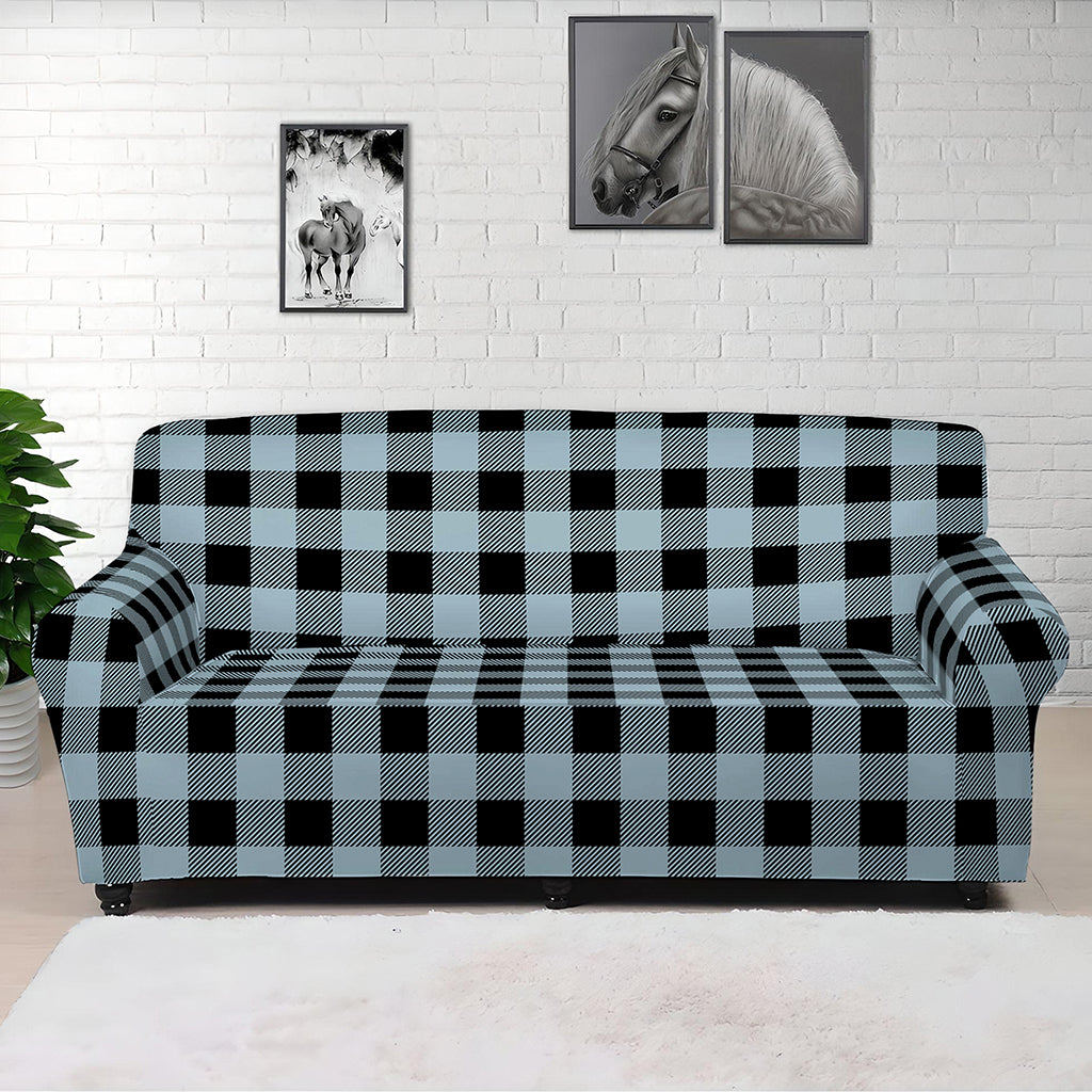 Steel Blue And Black Buffalo Check Print Sofa Cover