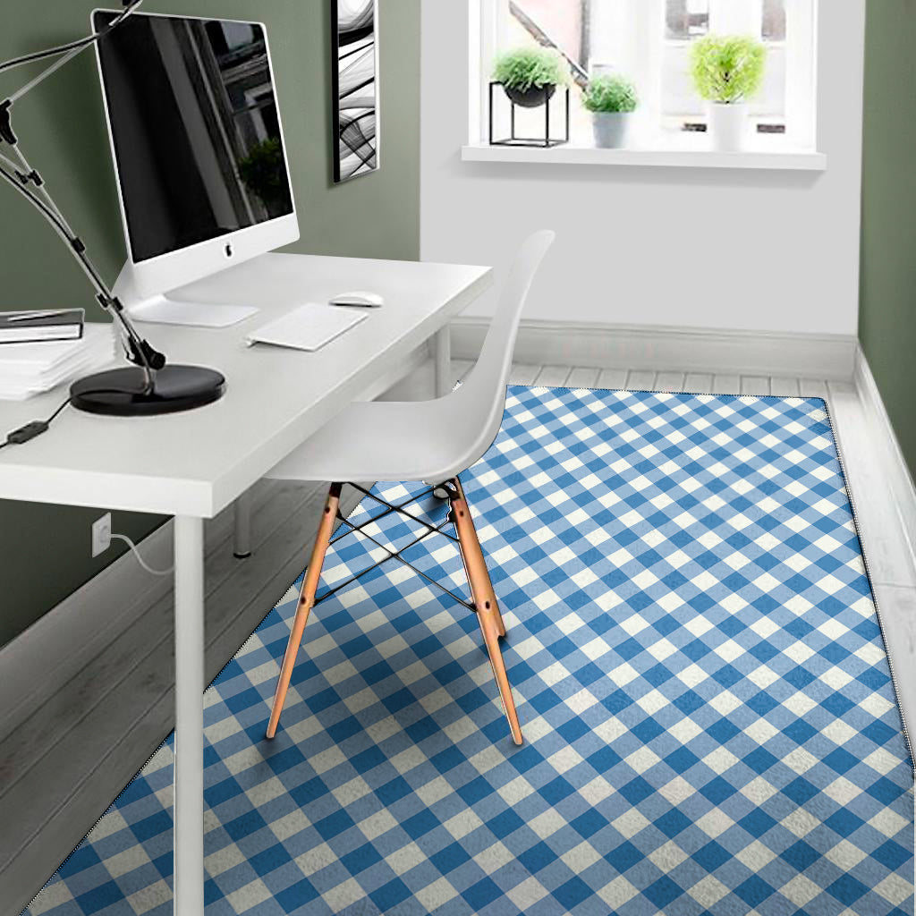 Steel Blue And White Gingham Print Area Rug