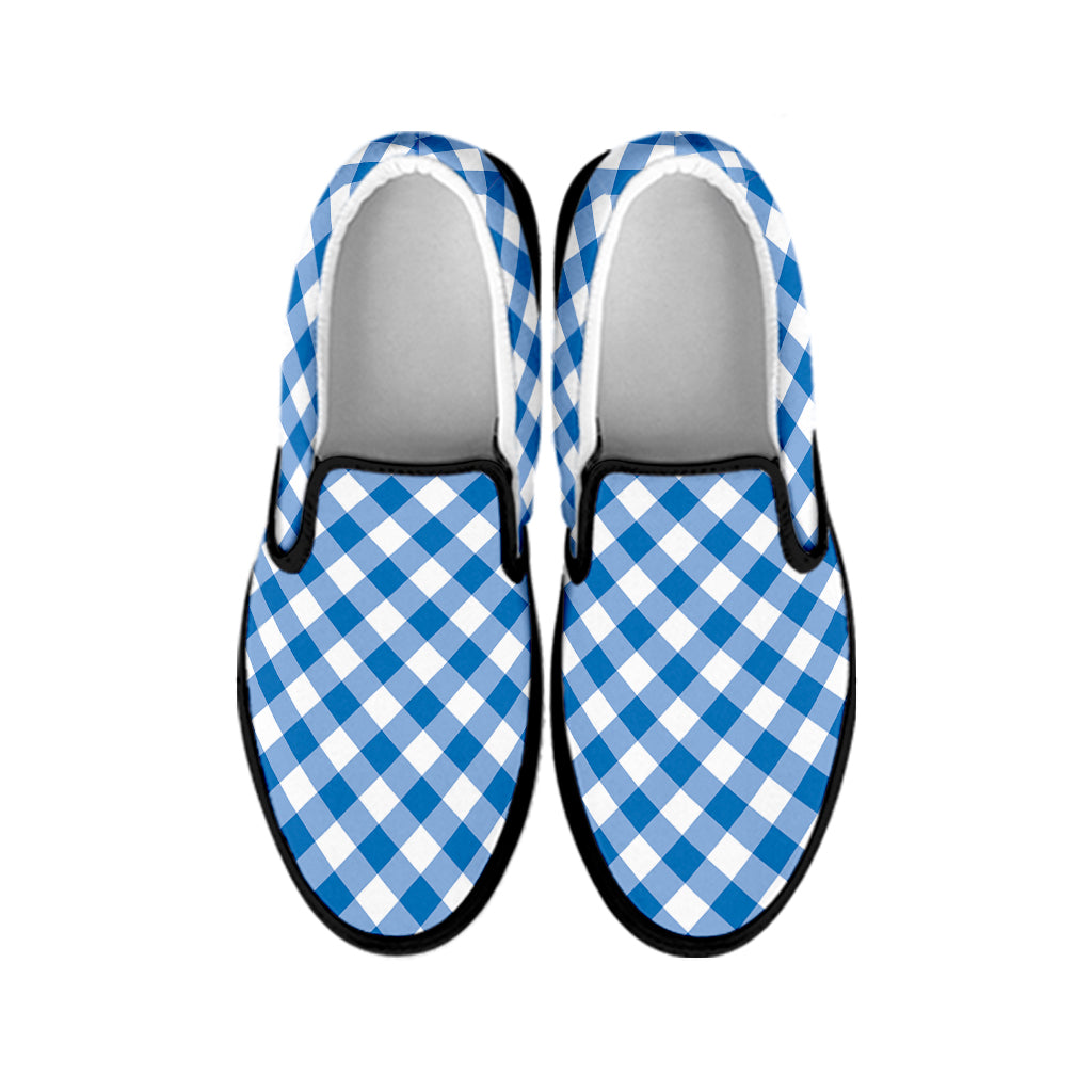 Steel Blue And White Gingham Print Black Slip On Shoes