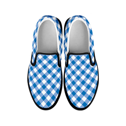 Steel Blue And White Gingham Print Black Slip On Shoes