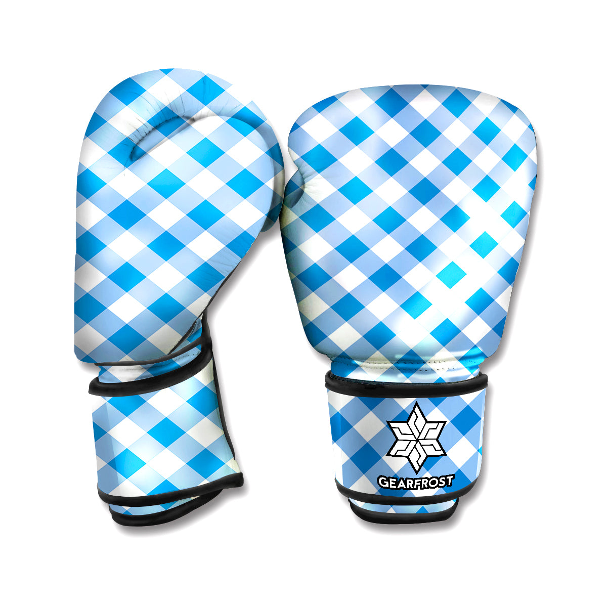 Steel Blue And White Gingham Print Boxing Gloves