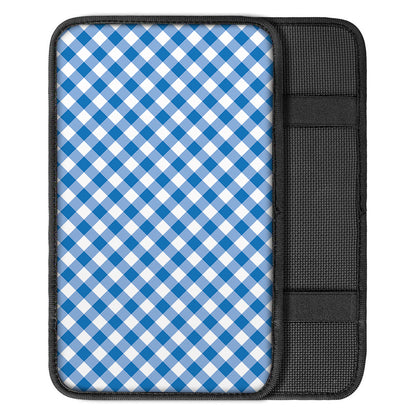 Steel Blue And White Gingham Print Car Center Console Cover