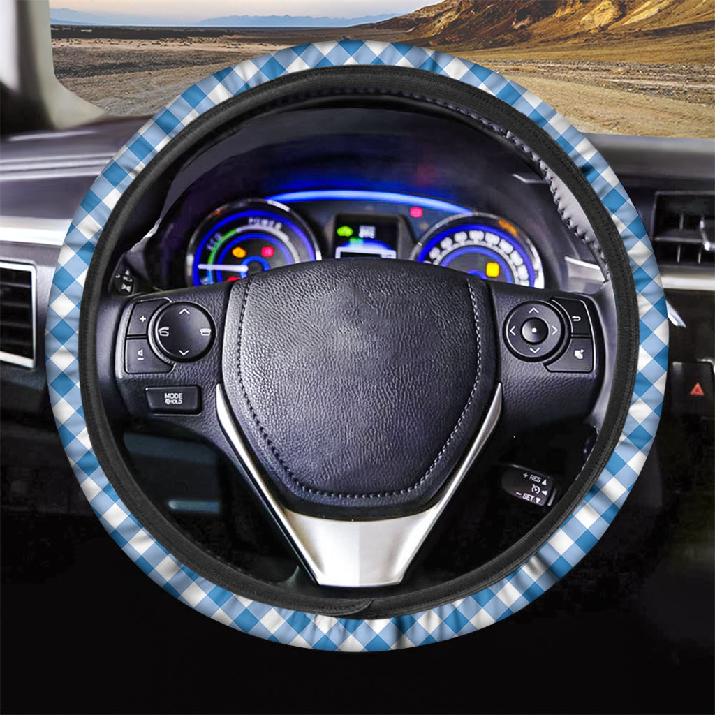 Steel Blue And White Gingham Print Car Steering Wheel Cover