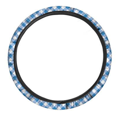 Steel Blue And White Gingham Print Car Steering Wheel Cover