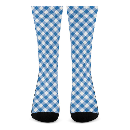 Steel Blue And White Gingham Print Crew Socks