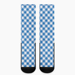 Steel Blue And White Gingham Print Crew Socks