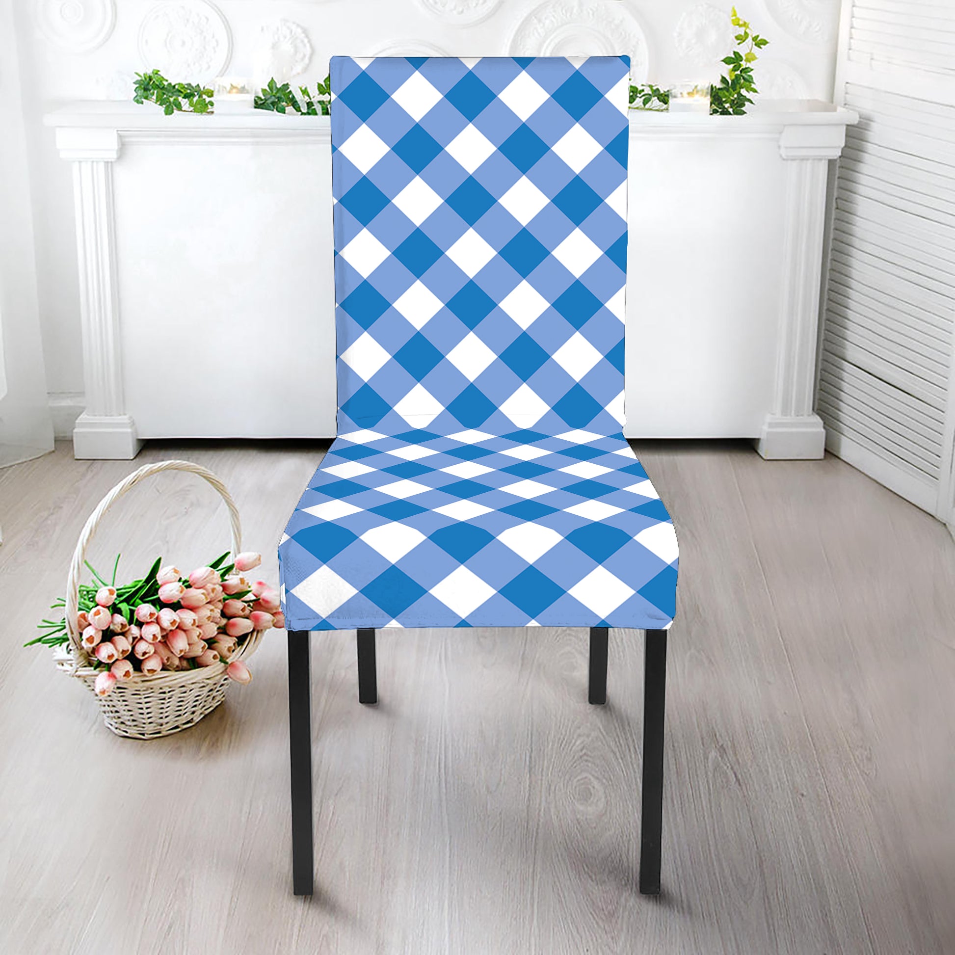 Steel Blue And White Gingham Print Dining Chair Slipcover