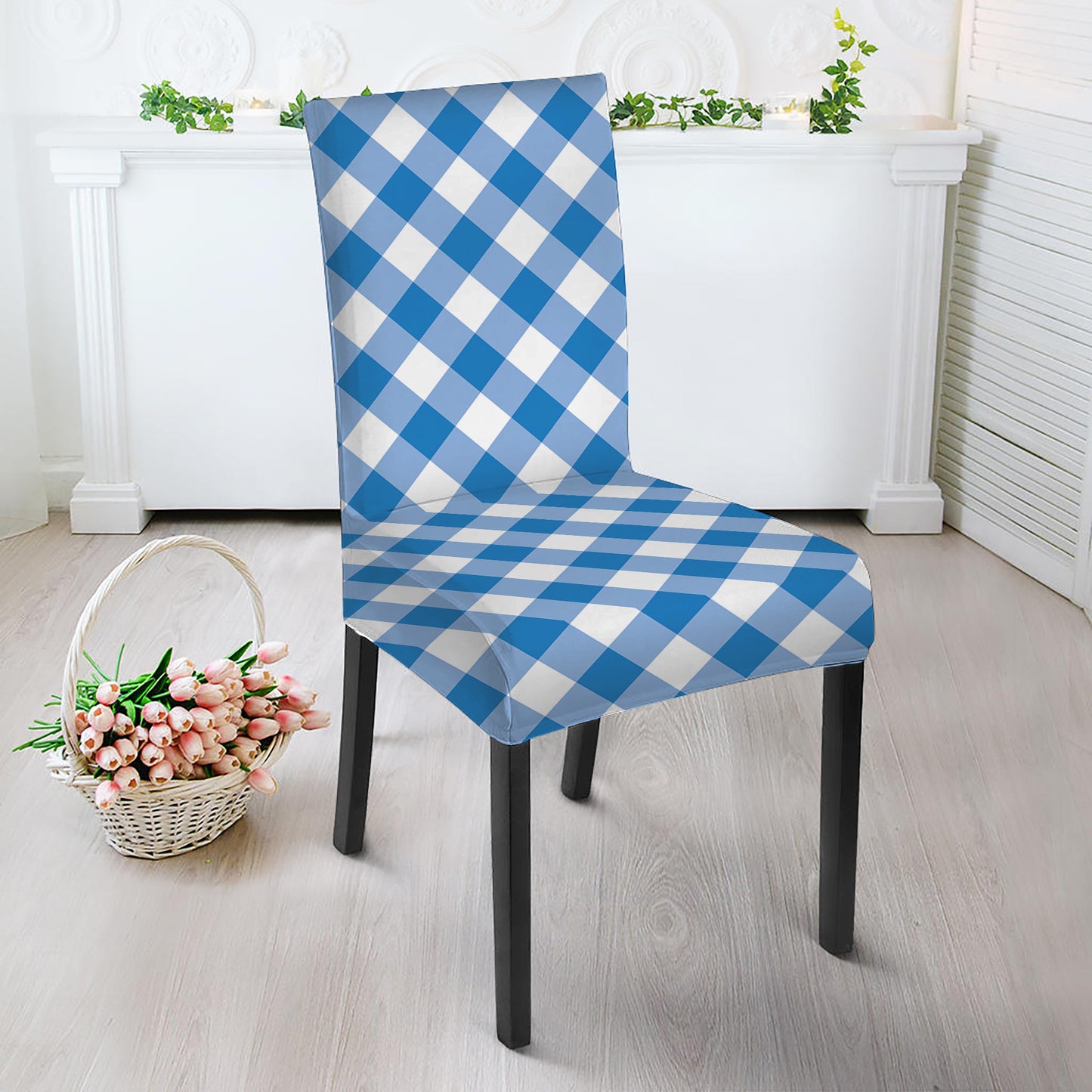 Steel Blue And White Gingham Print Dining Chair Slipcover