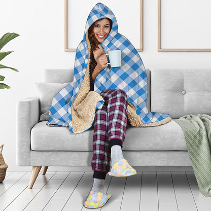 Steel Blue And White Gingham Print Hooded Blanket