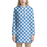 Steel Blue And White Gingham Print Hoodie Dress