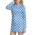 Steel Blue And White Gingham Print Hoodie Dress
