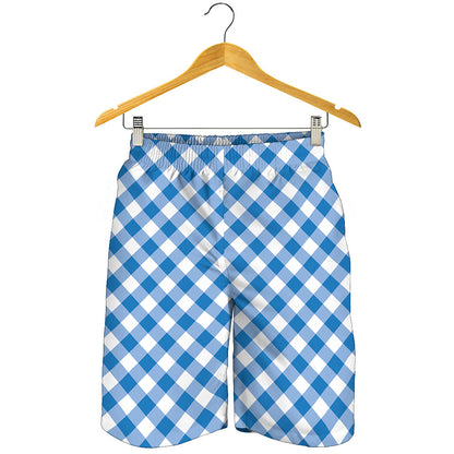 Steel Blue And White Gingham Print Men's Shorts