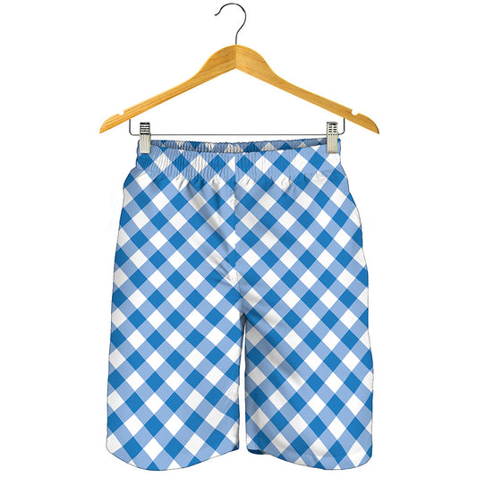 Steel Blue And White Gingham Print Men's Shorts