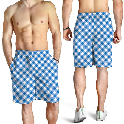 Steel Blue And White Gingham Print Men's Shorts