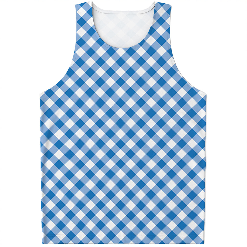 Steel Blue And White Gingham Print Men's Tank Top