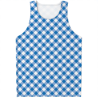 Steel Blue And White Gingham Print Men's Tank Top