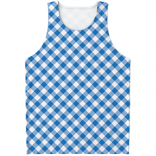 Steel Blue And White Gingham Print Men's Tank Top