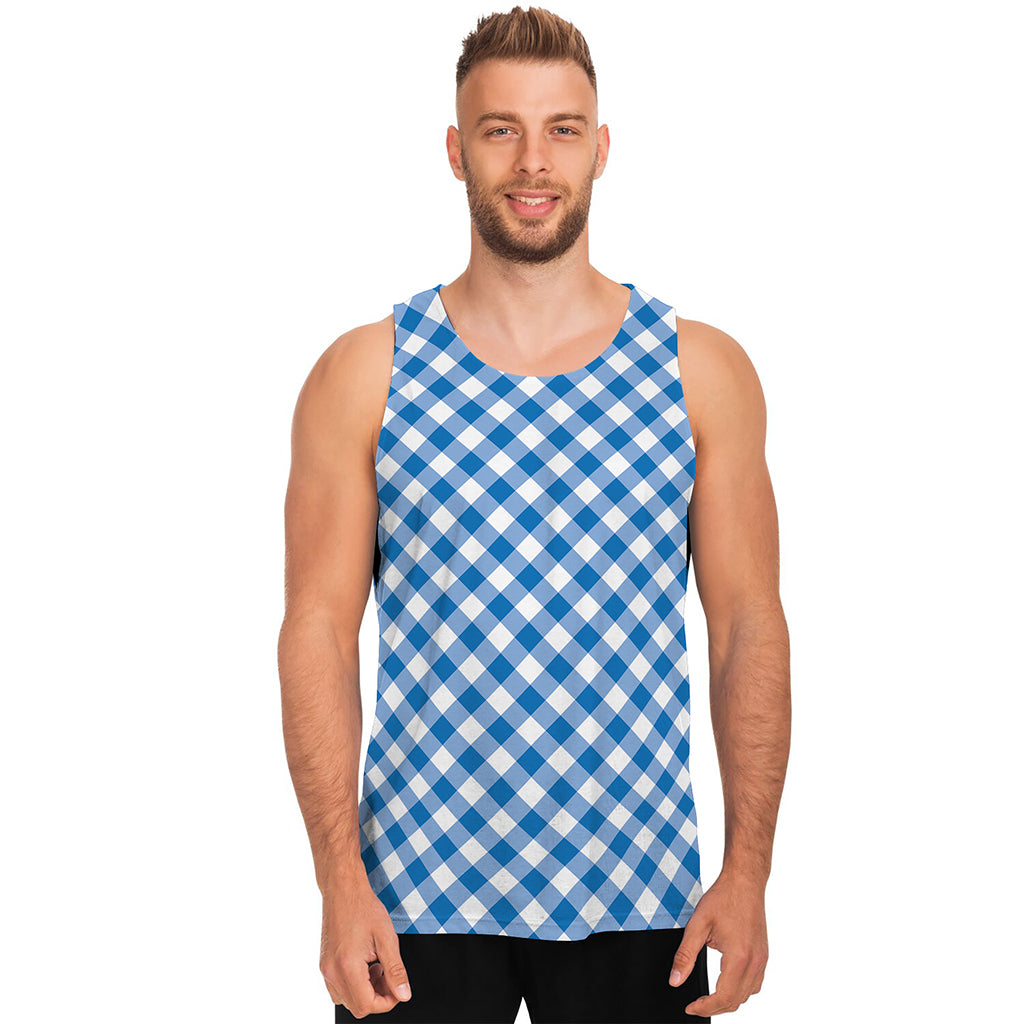 Steel Blue And White Gingham Print Men's Tank Top